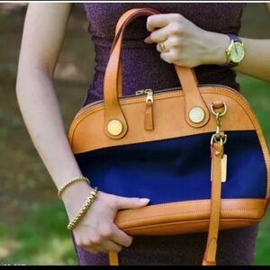 Dooney & Bourke Cabriolet Satchel Vintage Canvas Leather Navy Tan USA Coastal